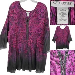Catherines Tunic Shirt Womens Plus Size 3X Blouse Popover Purple Black Flaw Bead